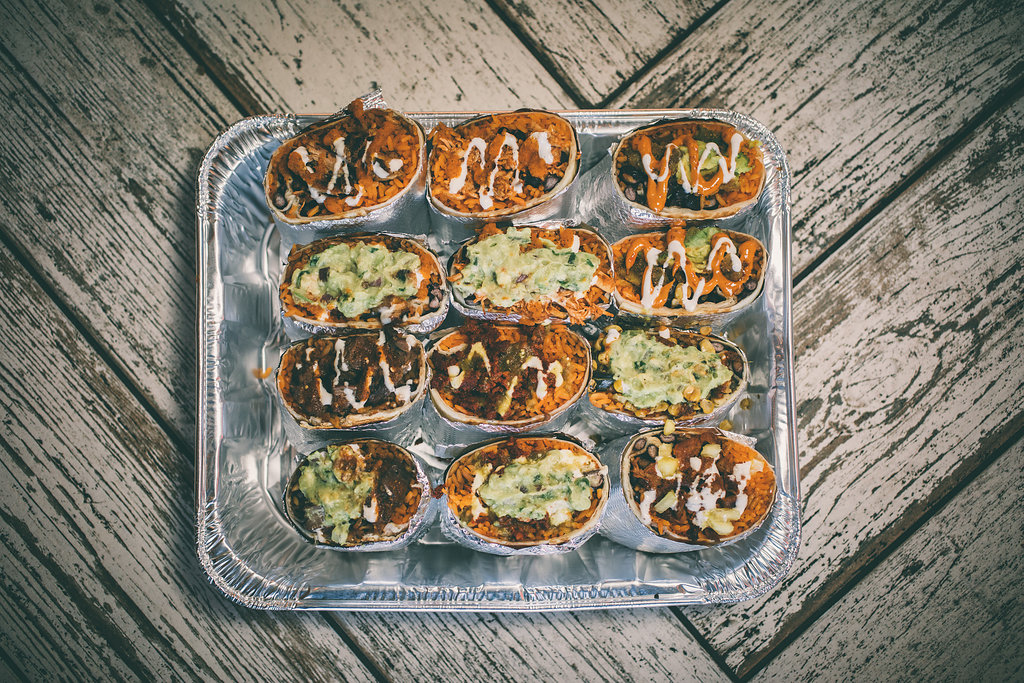 Catering tray of burritos